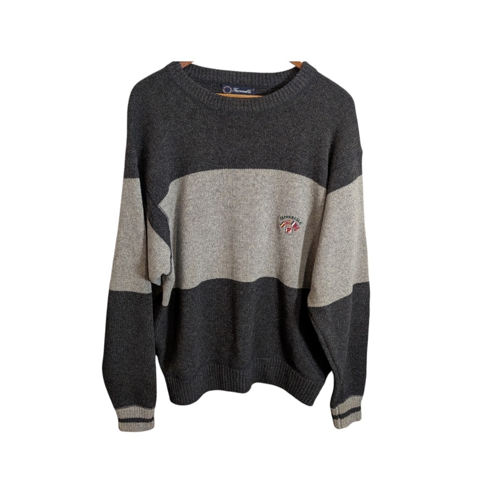 Vintage Faconnable Mens L 100% Lambswool Pullover Color Block Gray Sweater
